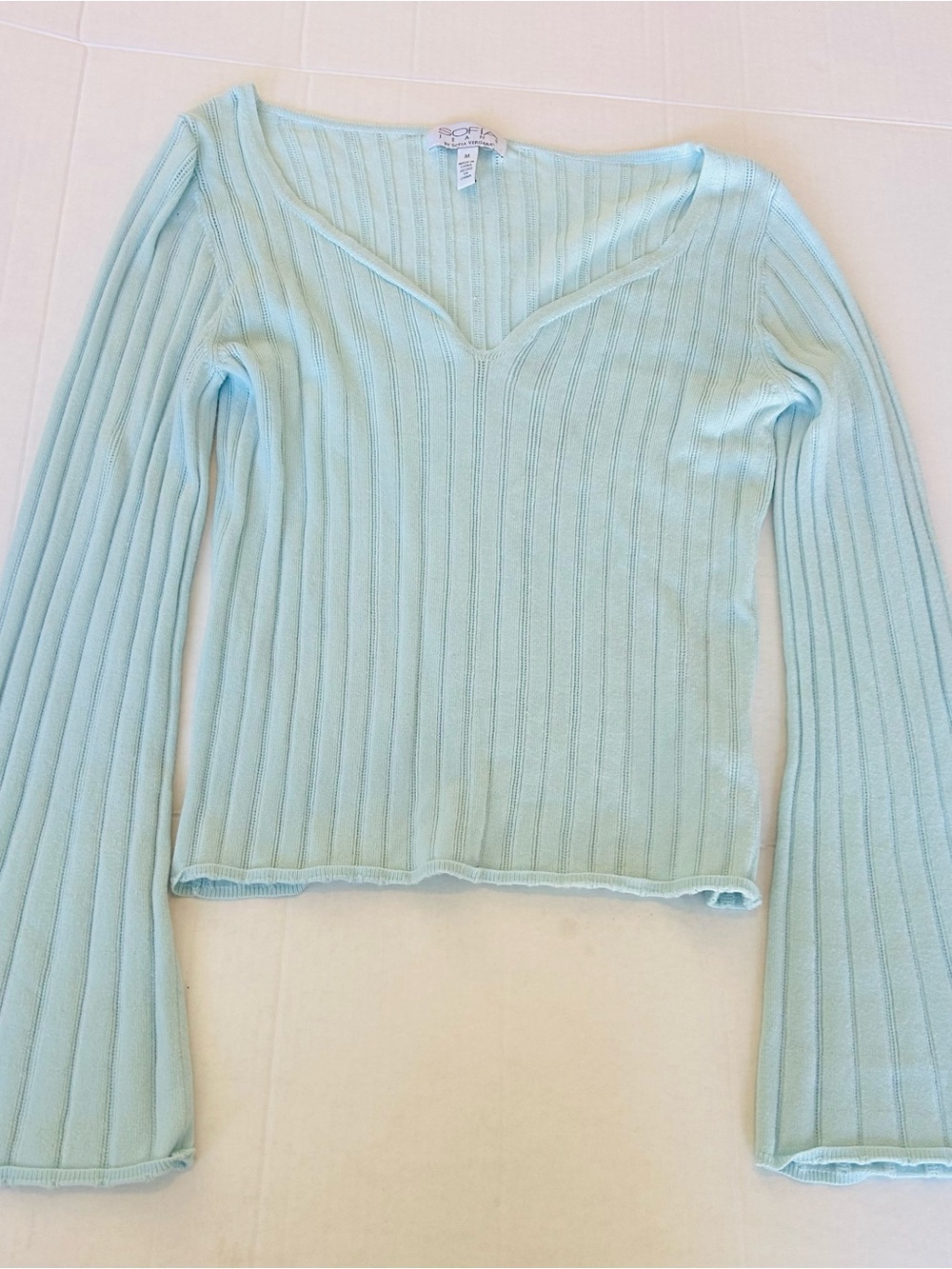sofia by sofia vergara Light Blue Ribbed V-Neck Long Sleeve Top